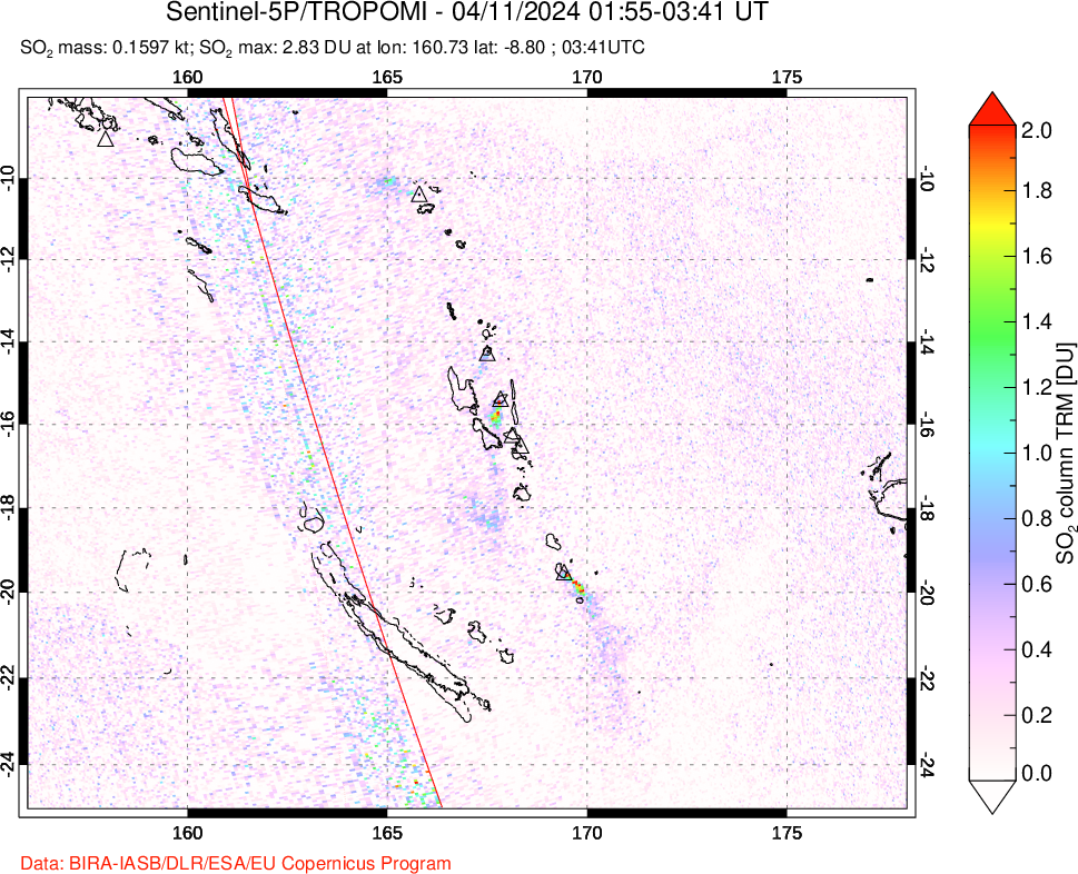 A sulfur dioxide image over Vanuatu, South Pacific on Apr 11, 2024.