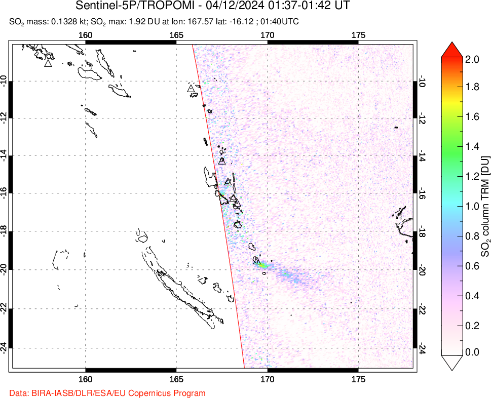 A sulfur dioxide image over Vanuatu, South Pacific on Apr 12, 2024.