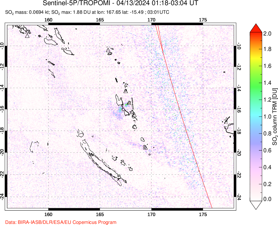 A sulfur dioxide image over Vanuatu, South Pacific on Apr 13, 2024.