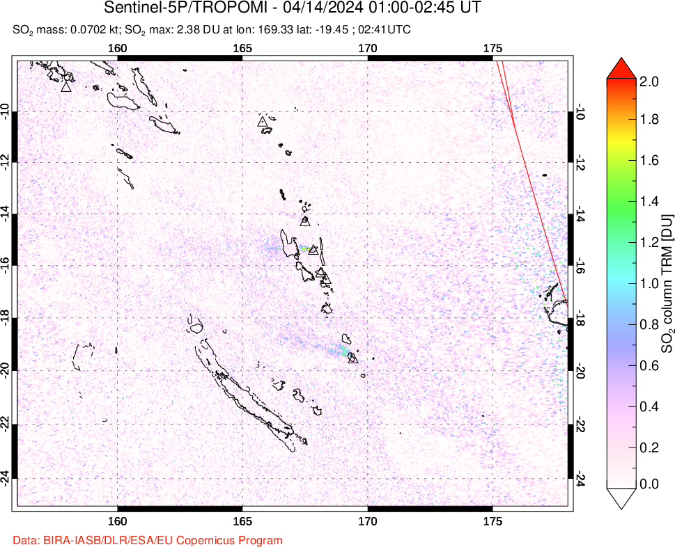 A sulfur dioxide image over Vanuatu, South Pacific on Apr 14, 2024.