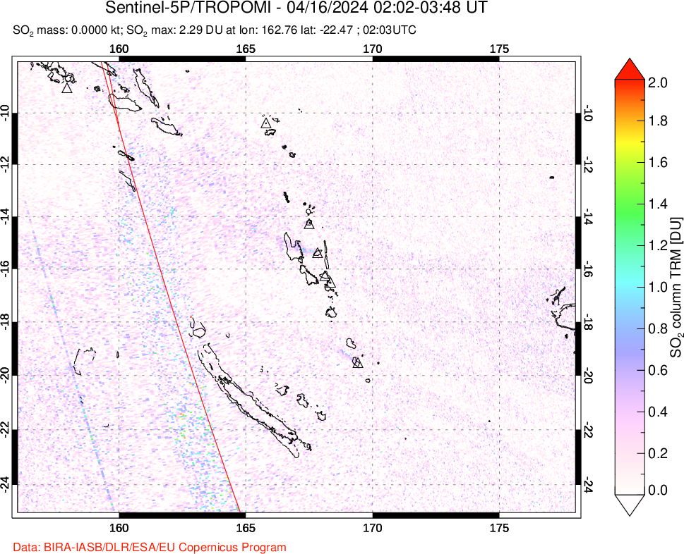 A sulfur dioxide image over Vanuatu, South Pacific on Apr 16, 2024.