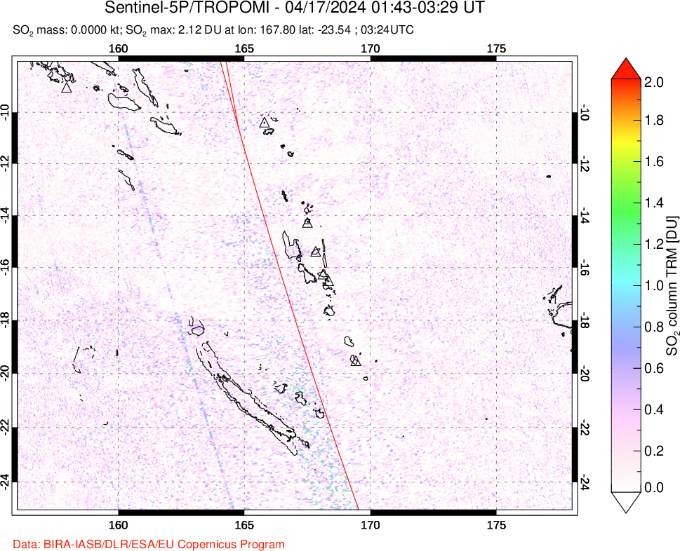 A sulfur dioxide image over Vanuatu, South Pacific on Apr 17, 2024.