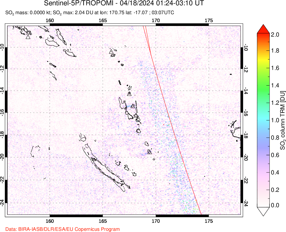 A sulfur dioxide image over Vanuatu, South Pacific on Apr 18, 2024.