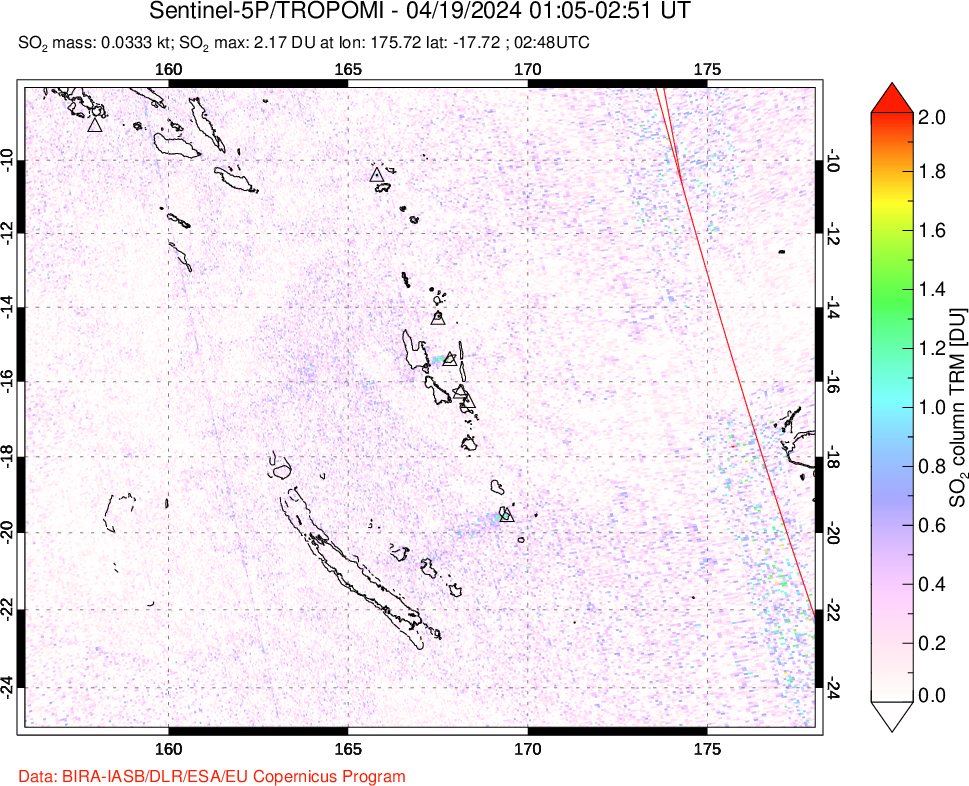 A sulfur dioxide image over Vanuatu, South Pacific on Apr 19, 2024.