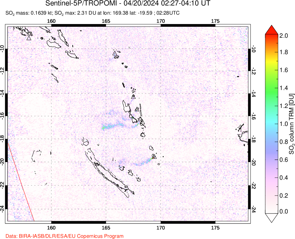 A sulfur dioxide image over Vanuatu, South Pacific on Apr 20, 2024.