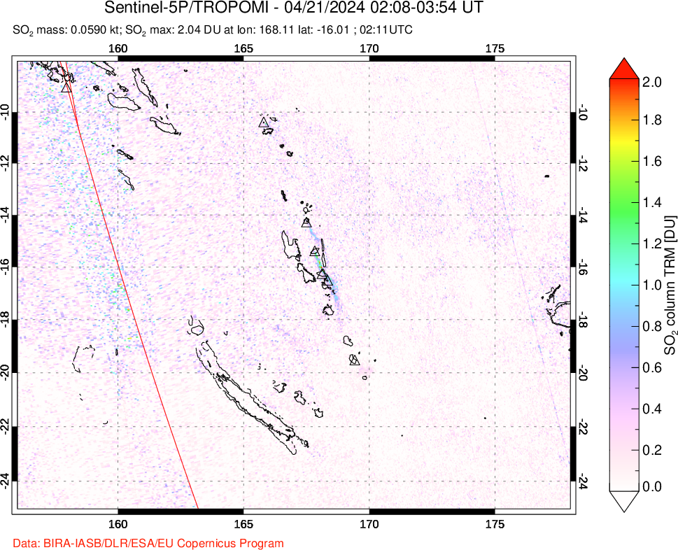 A sulfur dioxide image over Vanuatu, South Pacific on Apr 21, 2024.