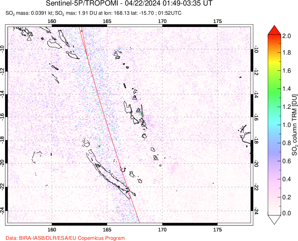 A sulfur dioxide image over Vanuatu, South Pacific on Apr 22, 2024.