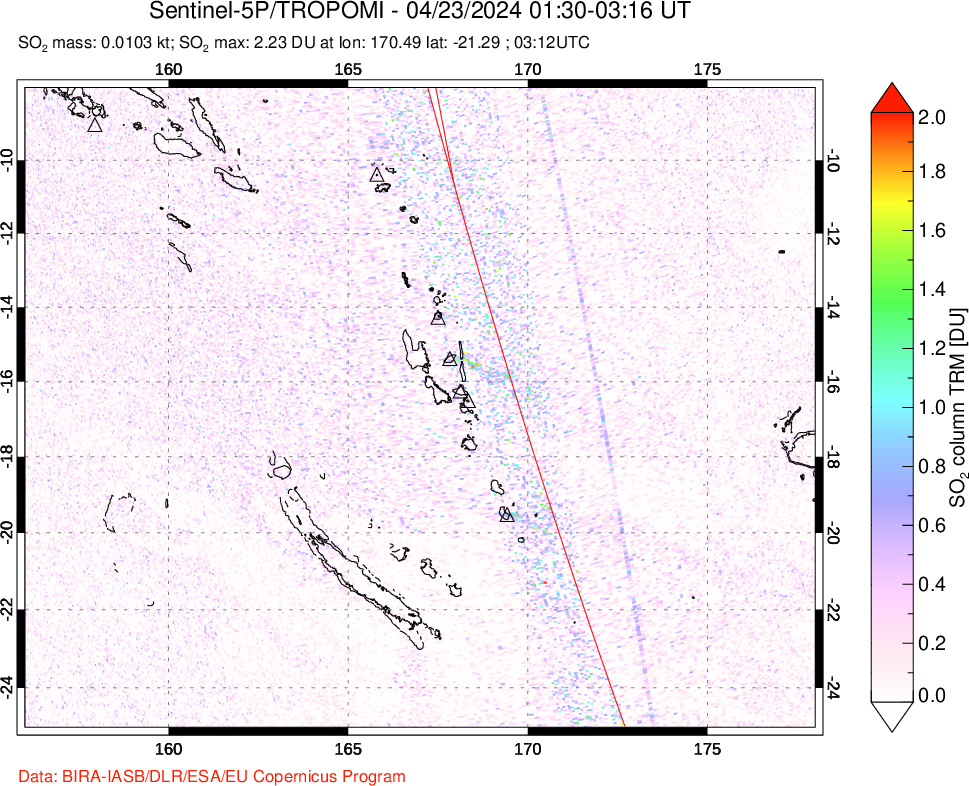 A sulfur dioxide image over Vanuatu, South Pacific on Apr 23, 2024.