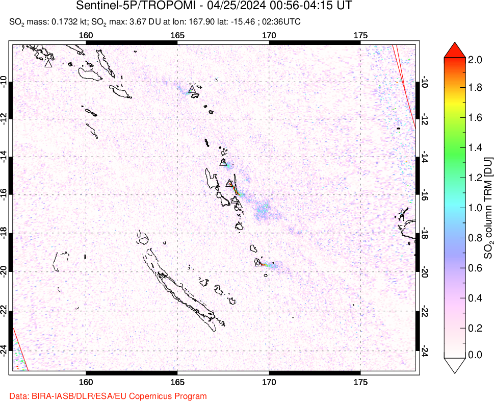 A sulfur dioxide image over Vanuatu, South Pacific on Apr 25, 2024.