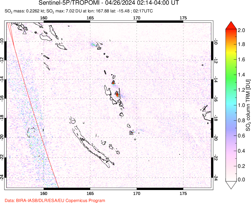 A sulfur dioxide image over Vanuatu, South Pacific on Apr 26, 2024.