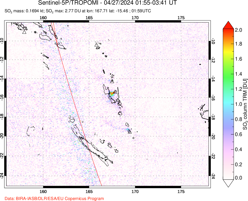 A sulfur dioxide image over Vanuatu, South Pacific on Apr 27, 2024.