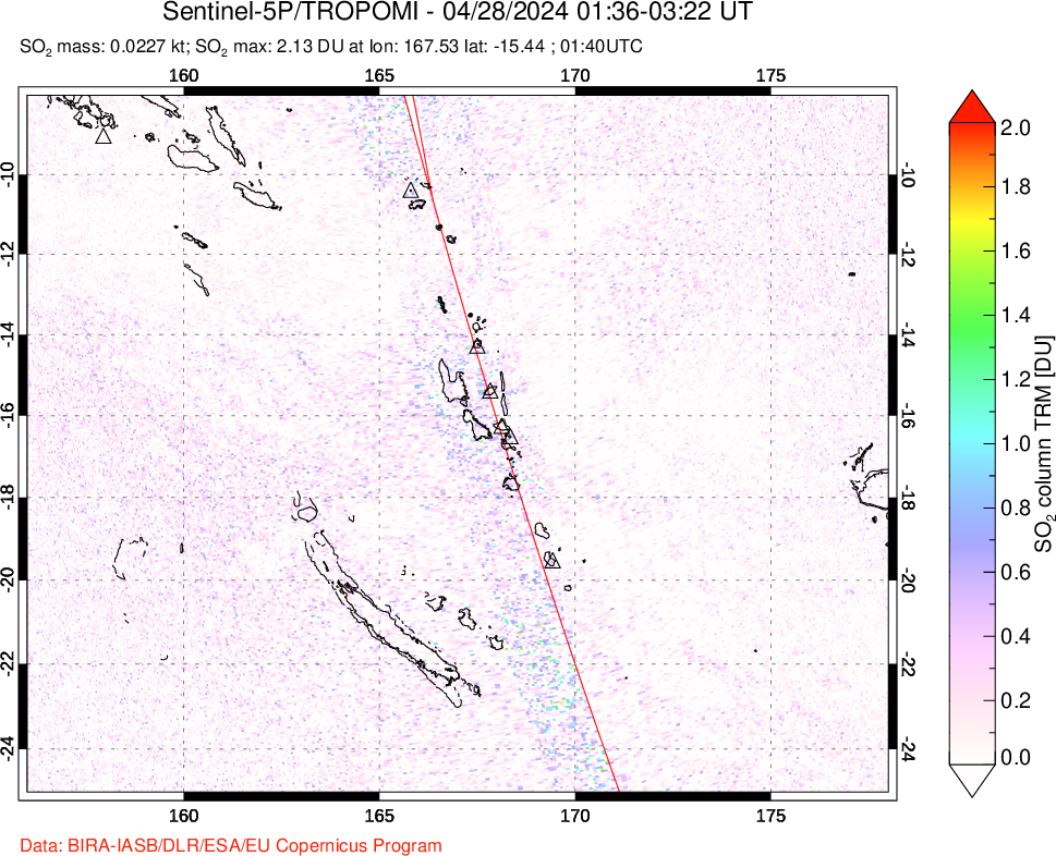 A sulfur dioxide image over Vanuatu, South Pacific on Apr 28, 2024.