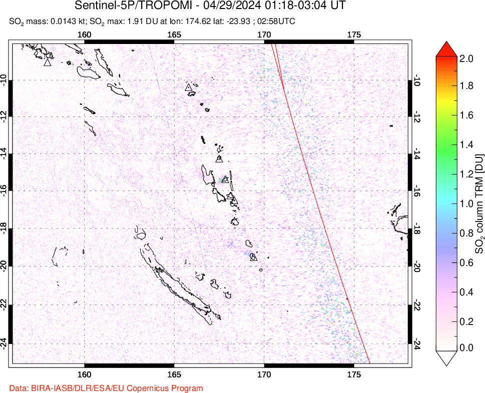 A sulfur dioxide image over Vanuatu, South Pacific on Apr 29, 2024.