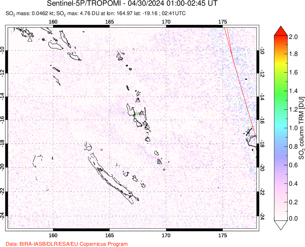 A sulfur dioxide image over Vanuatu, South Pacific on Apr 30, 2024.