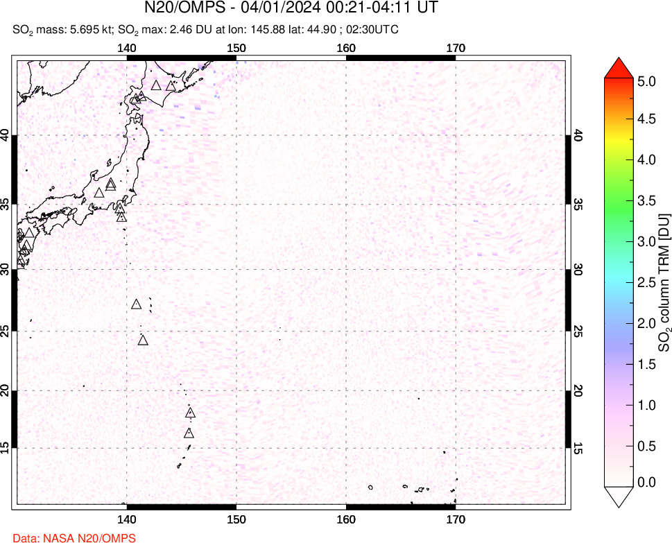 A sulfur dioxide image over Western Pacific on Apr 01, 2024.