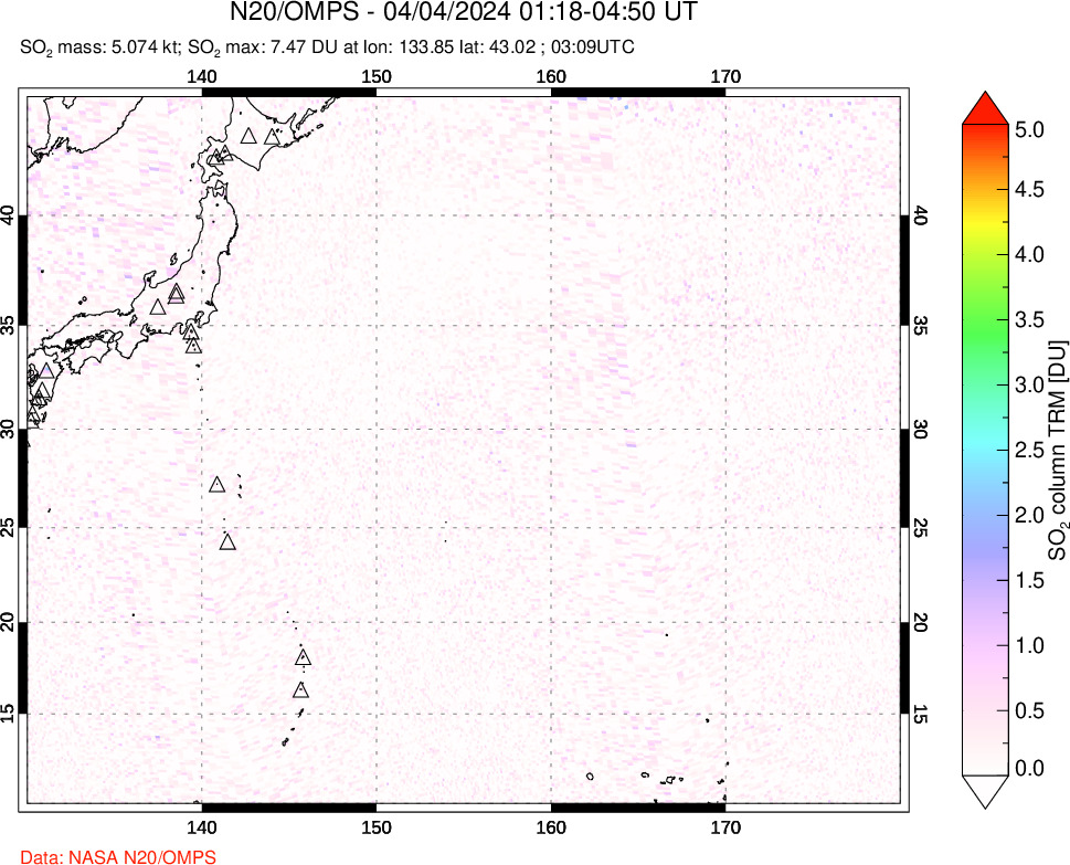 A sulfur dioxide image over Western Pacific on Apr 04, 2024.