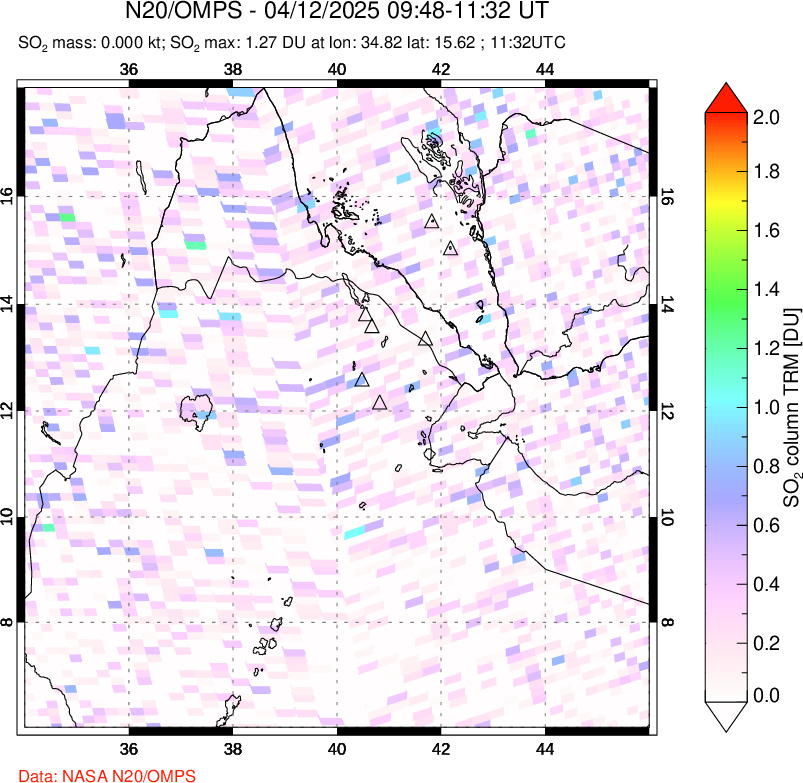 A sulfur dioxide image over Afar and southern Red Sea on Apr 12, 2025.