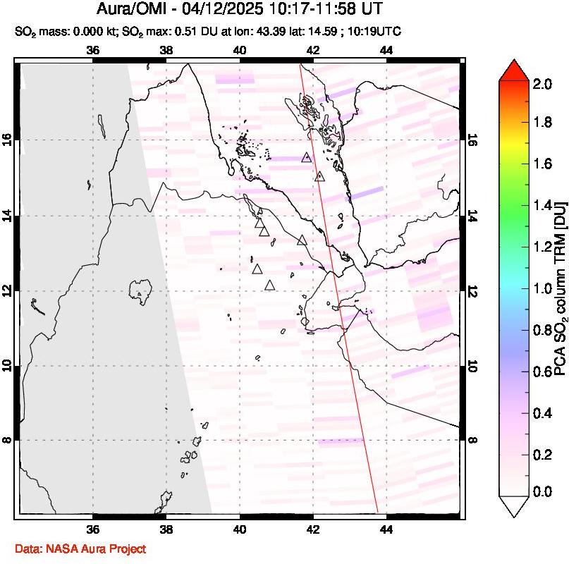 A sulfur dioxide image over Afar and southern Red Sea on Apr 12, 2025.