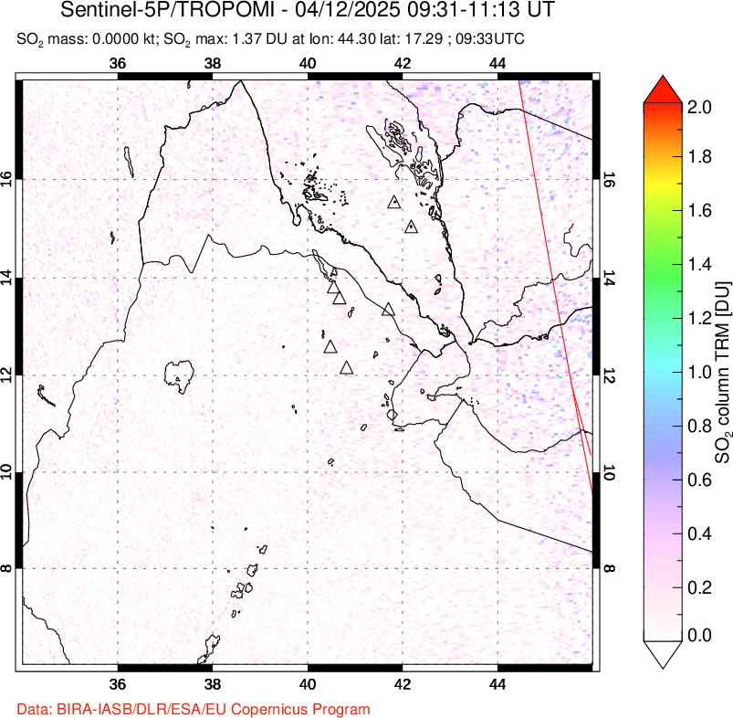 A sulfur dioxide image over Afar and southern Red Sea on Apr 12, 2025.
