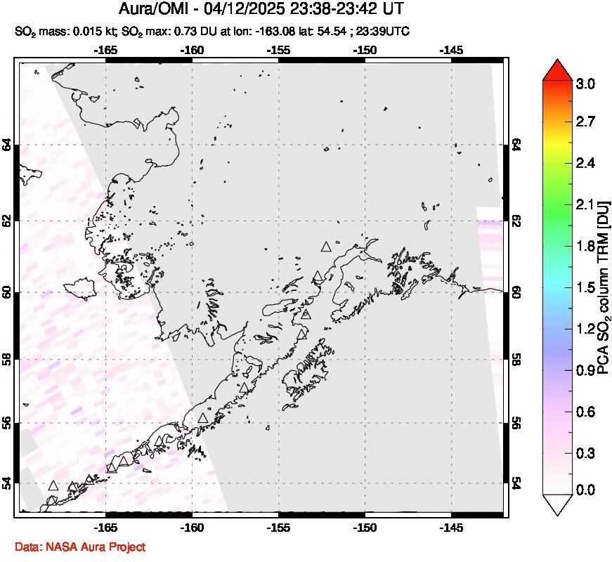 A sulfur dioxide image over Alaska, USA on Apr 12, 2025.