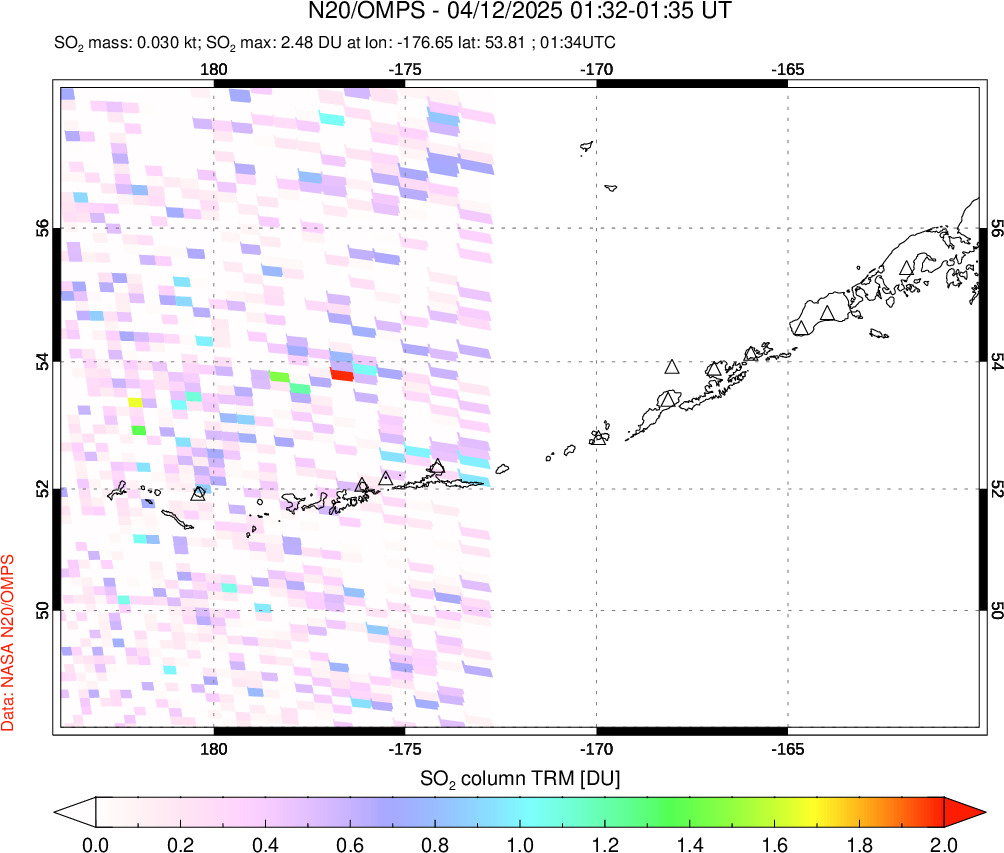 A sulfur dioxide image over Aleutian Islands, Alaska, USA on Apr 12, 2025.