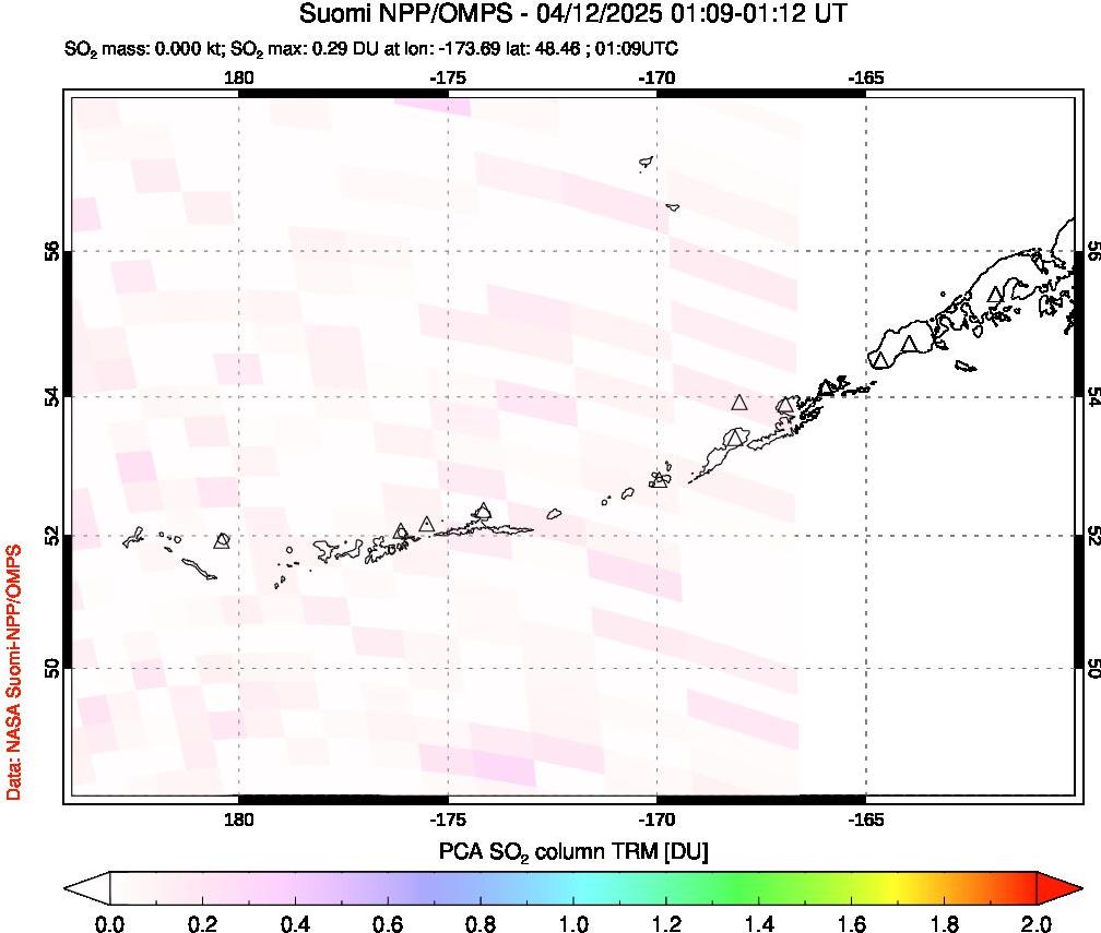 A sulfur dioxide image over Aleutian Islands, Alaska, USA on Apr 12, 2025.
