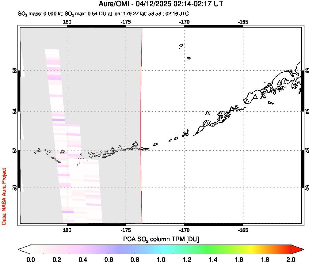A sulfur dioxide image over Aleutian Islands, Alaska, USA on Apr 12, 2025.