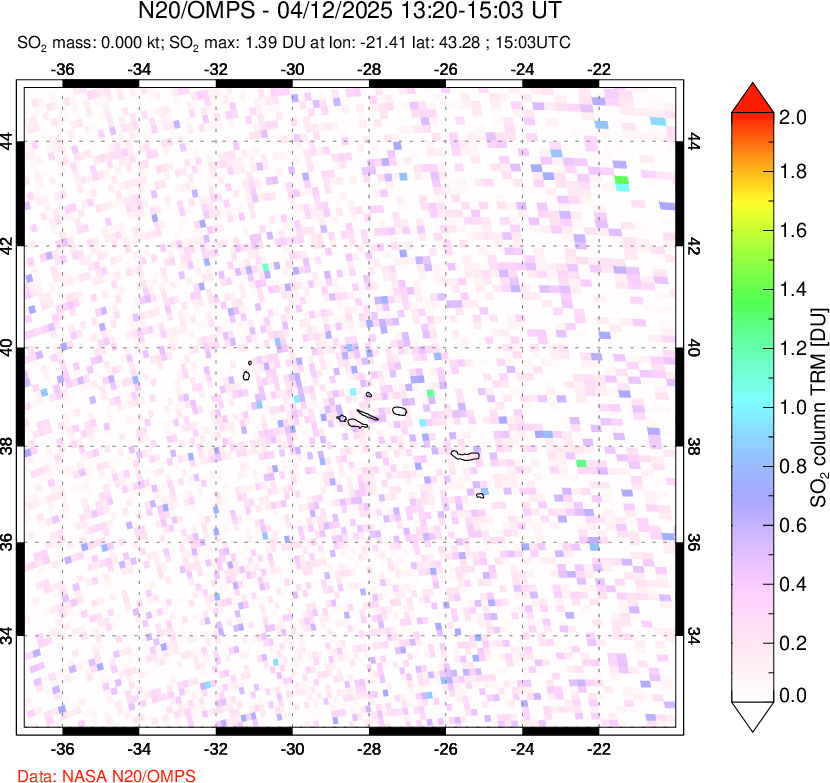 A sulfur dioxide image over Azores Islands, Portugal on Apr 12, 2025.