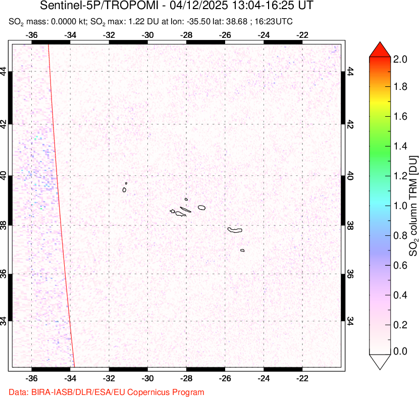 A sulfur dioxide image over Azore Islands, Portugal on Apr 12, 2025.