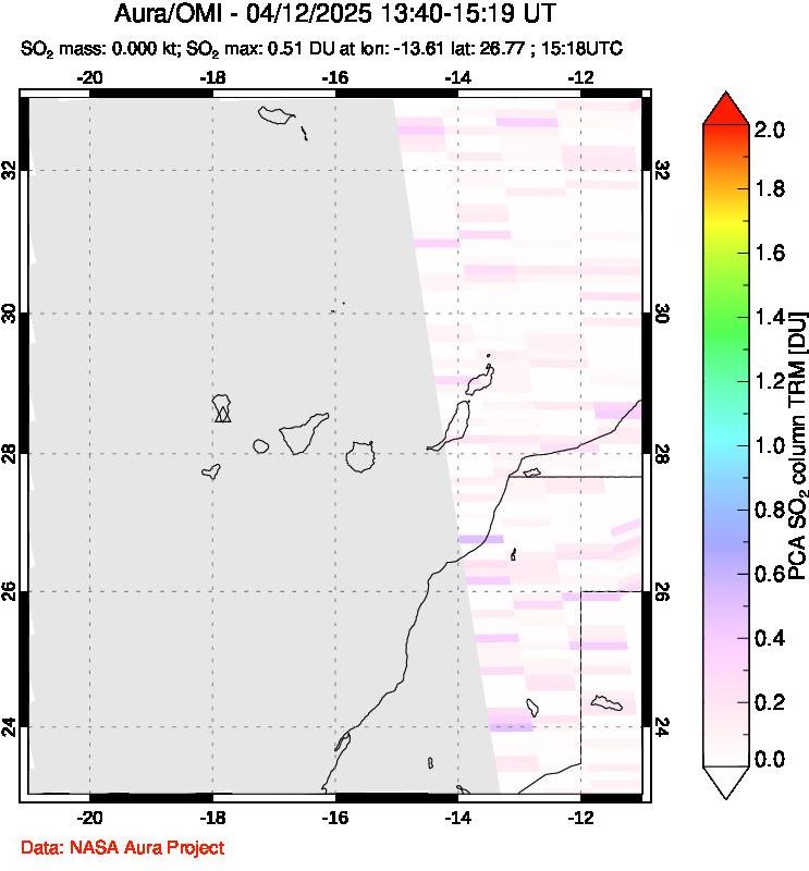 A sulfur dioxide image over Canary Islands on Apr 12, 2025.