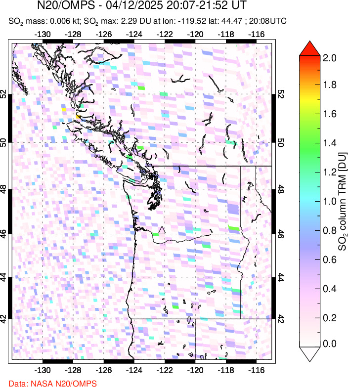 A sulfur dioxide image over Cascade Range, USA on Apr 12, 2025.