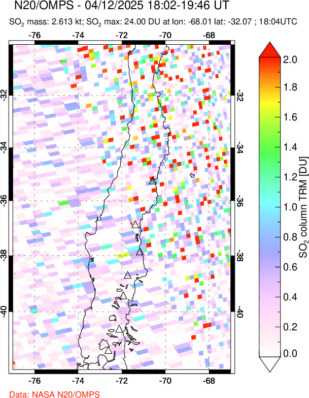 A sulfur dioxide image over Central Chile on Apr 12, 2025.