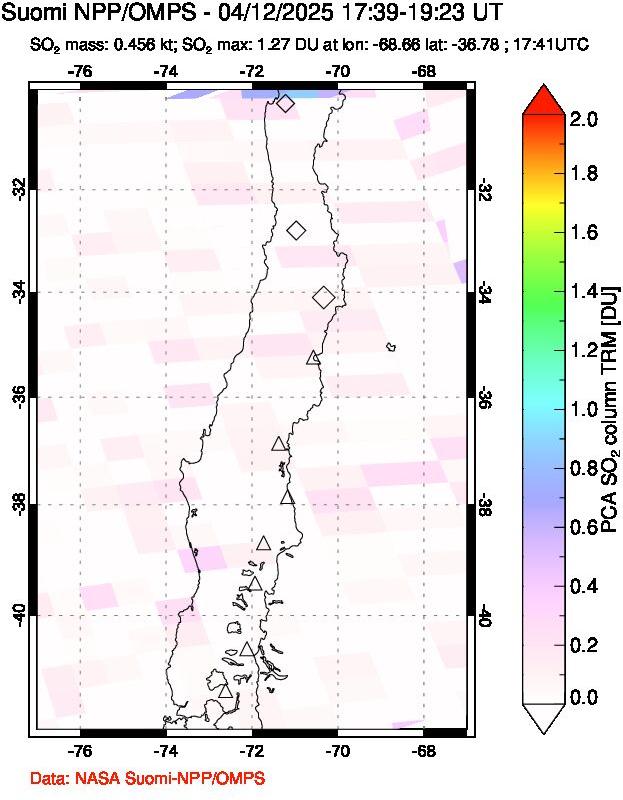 A sulfur dioxide image over Central Chile on Apr 12, 2025.