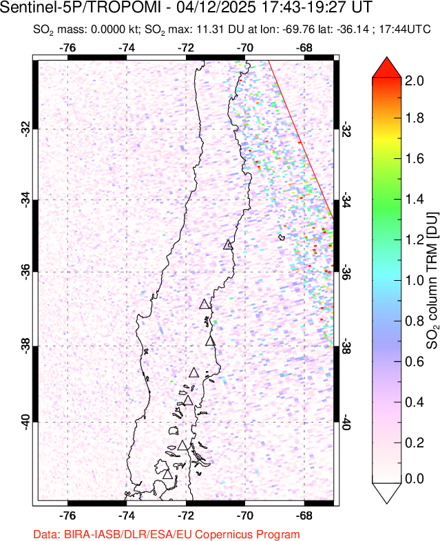 A sulfur dioxide image over Central Chile on Apr 12, 2025.