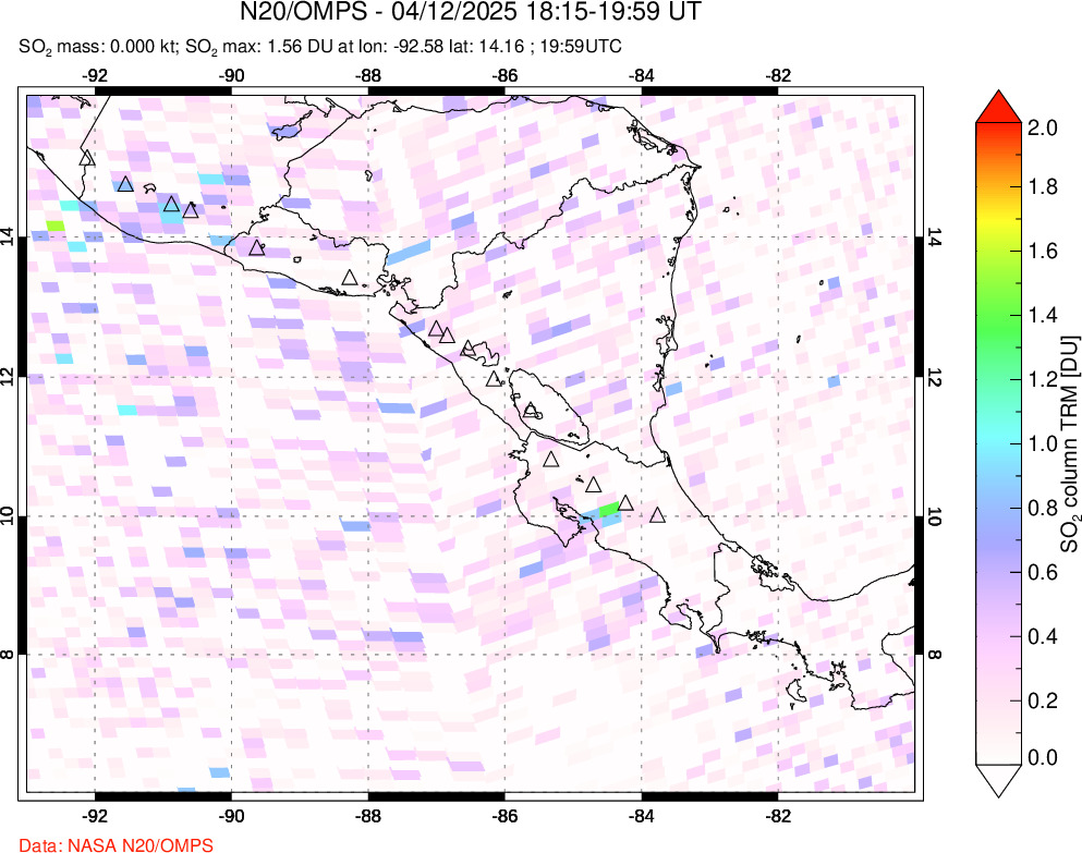A sulfur dioxide image over Central America on Apr 12, 2025.
