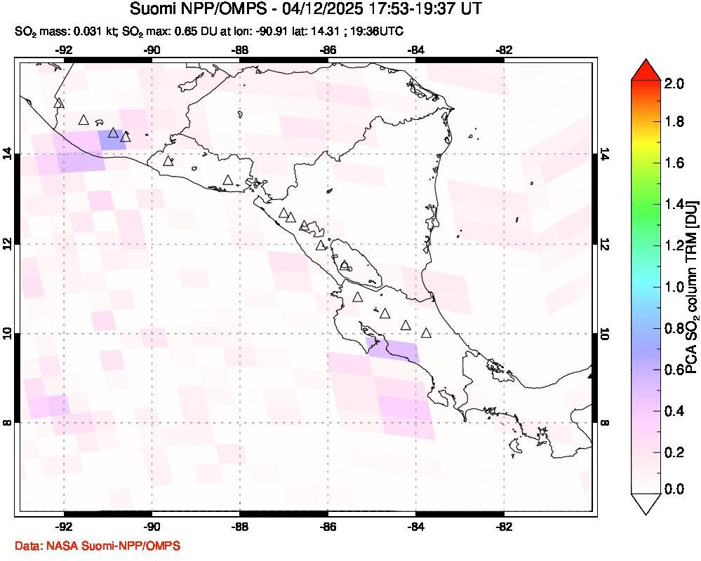 A sulfur dioxide image over Central America on Apr 12, 2025.