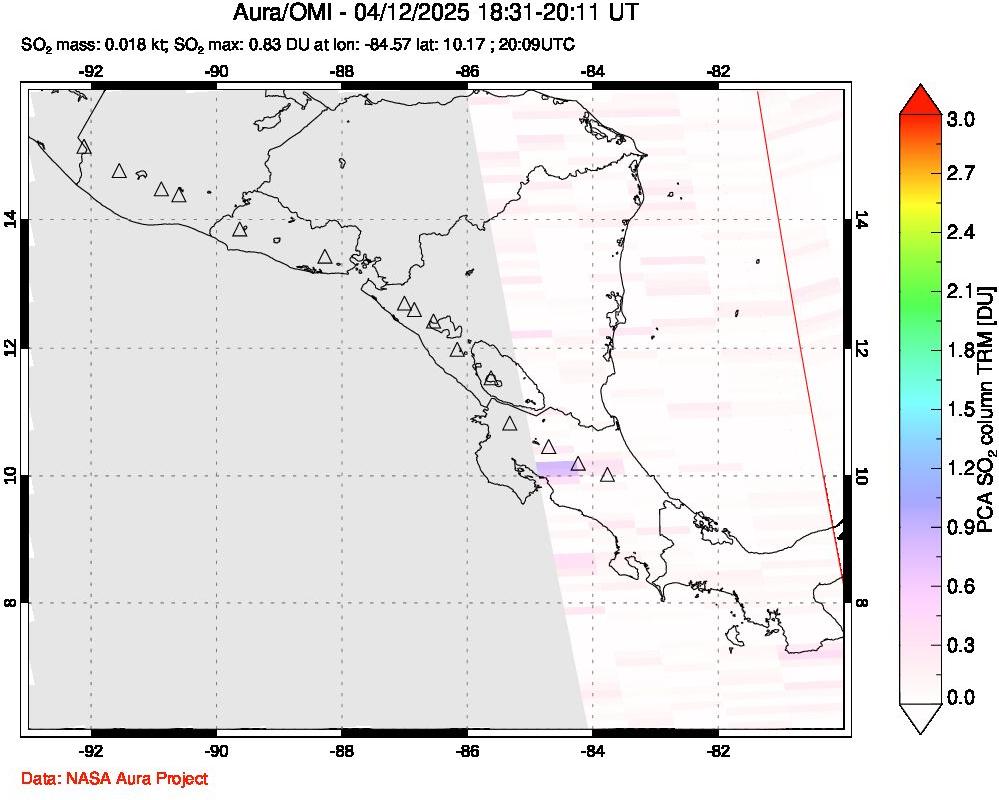 A sulfur dioxide image over Central America on Apr 12, 2025.
