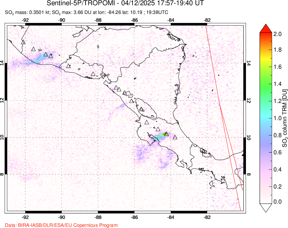 A sulfur dioxide image over Central America on Apr 12, 2025.