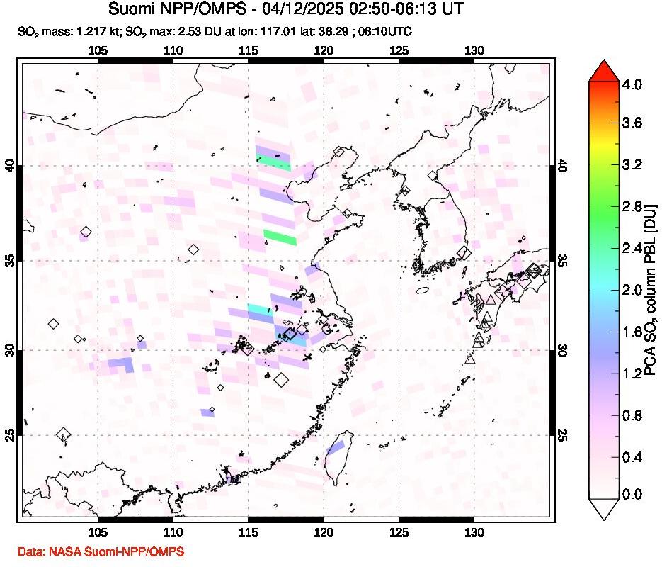 A sulfur dioxide image over Eastern China on Apr 12, 2025.