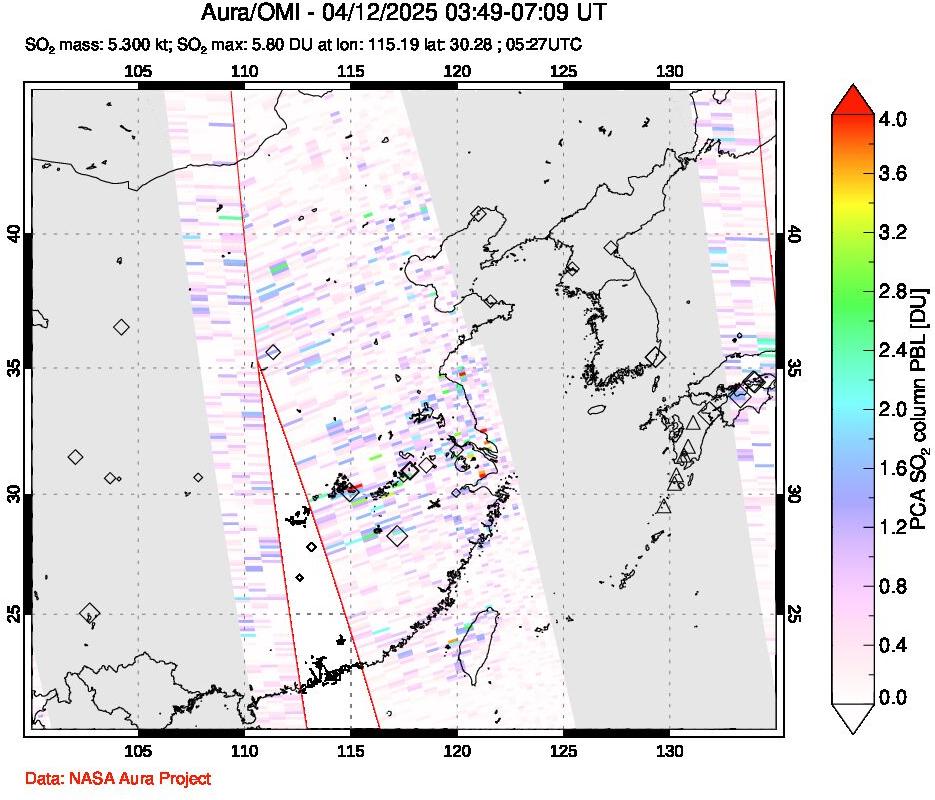 A sulfur dioxide image over Eastern China on Apr 12, 2025.