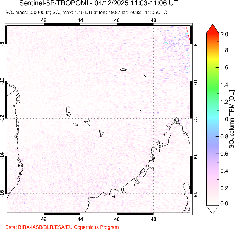 A sulfur dioxide image over Comoro Islands on Apr 12, 2025.