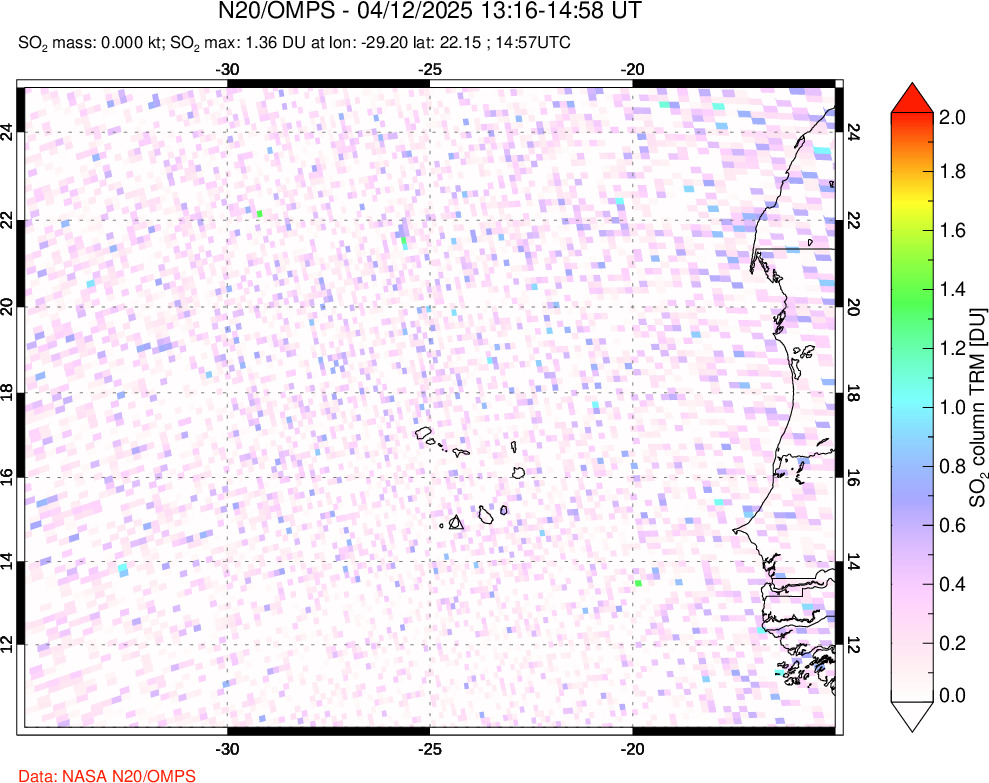 A sulfur dioxide image over Cape Verde Islands on Apr 12, 2025.