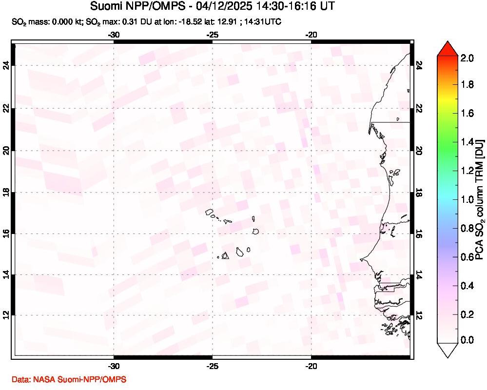 A sulfur dioxide image over Cape Verde Islands on Apr 12, 2025.