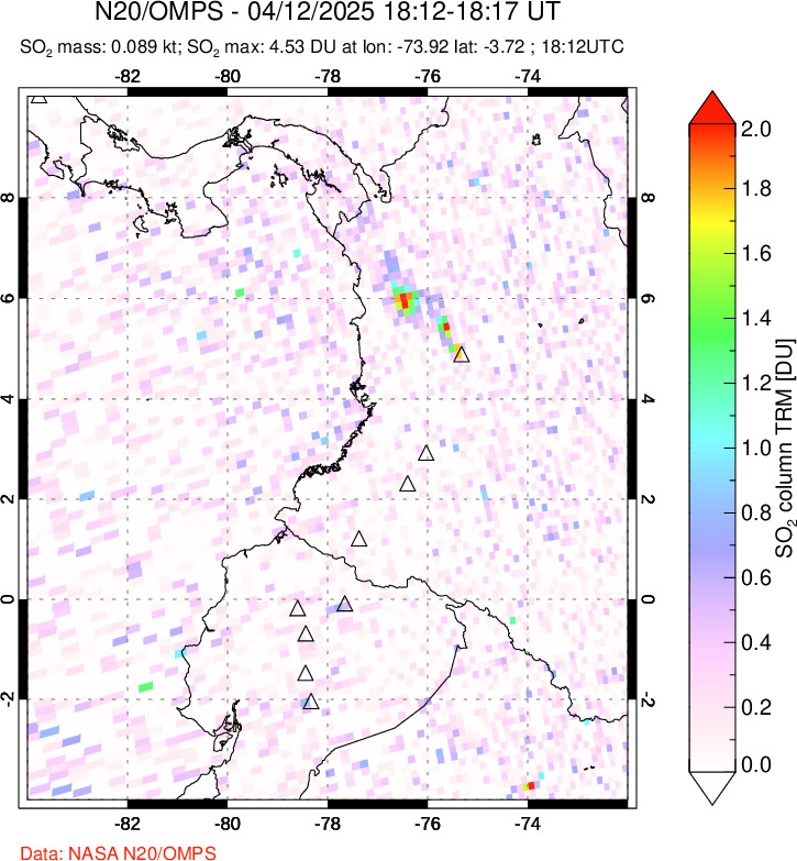 A sulfur dioxide image over Ecuador on Apr 12, 2025.