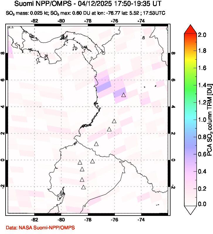 A sulfur dioxide image over Ecuador on Apr 12, 2025.