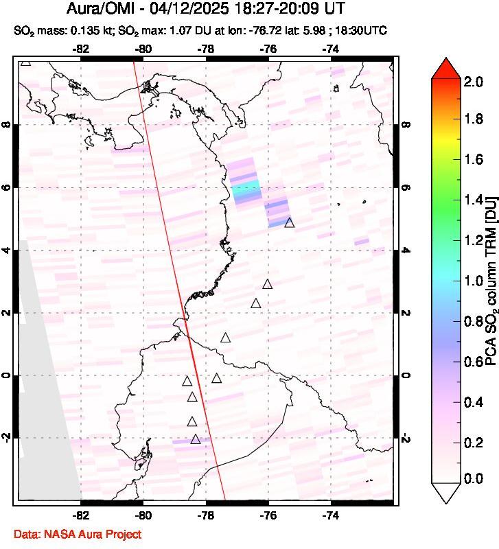 A sulfur dioxide image over Ecuador on Apr 12, 2025.