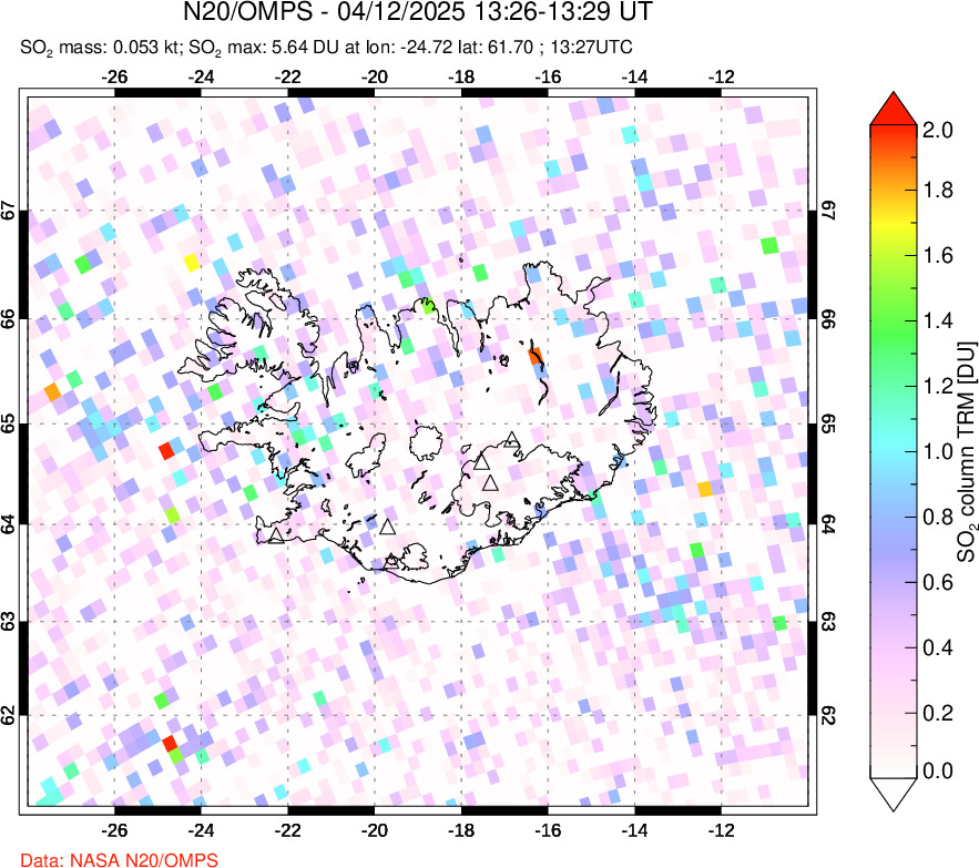 A sulfur dioxide image over Iceland on Apr 12, 2025.