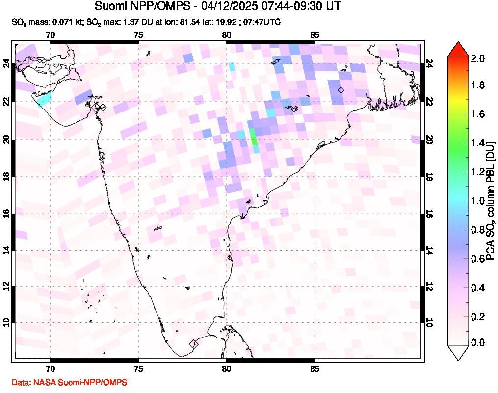 A sulfur dioxide image over India on Apr 12, 2025.