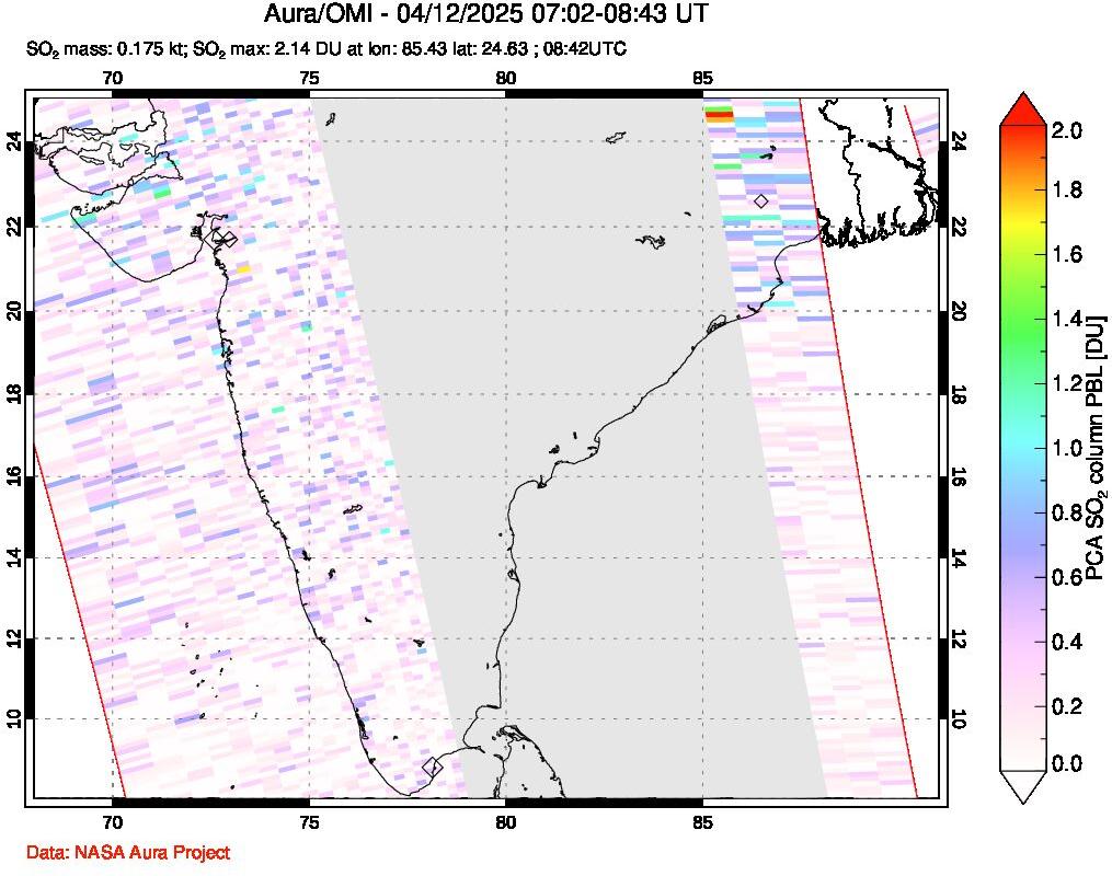 A sulfur dioxide image over India on Apr 12, 2025.