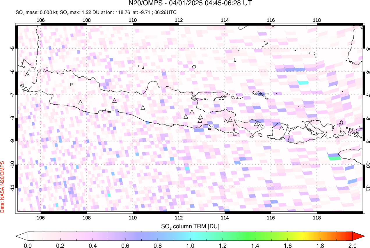 A sulfur dioxide image over Java, Indonesia on Apr 01, 2025.